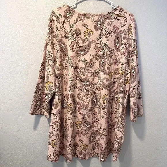 J Jill Luxe Supima Size-2X A Line Tunic Pink Yellow‎ Paisley 3/4 Sleeve - Picture 9 of 9